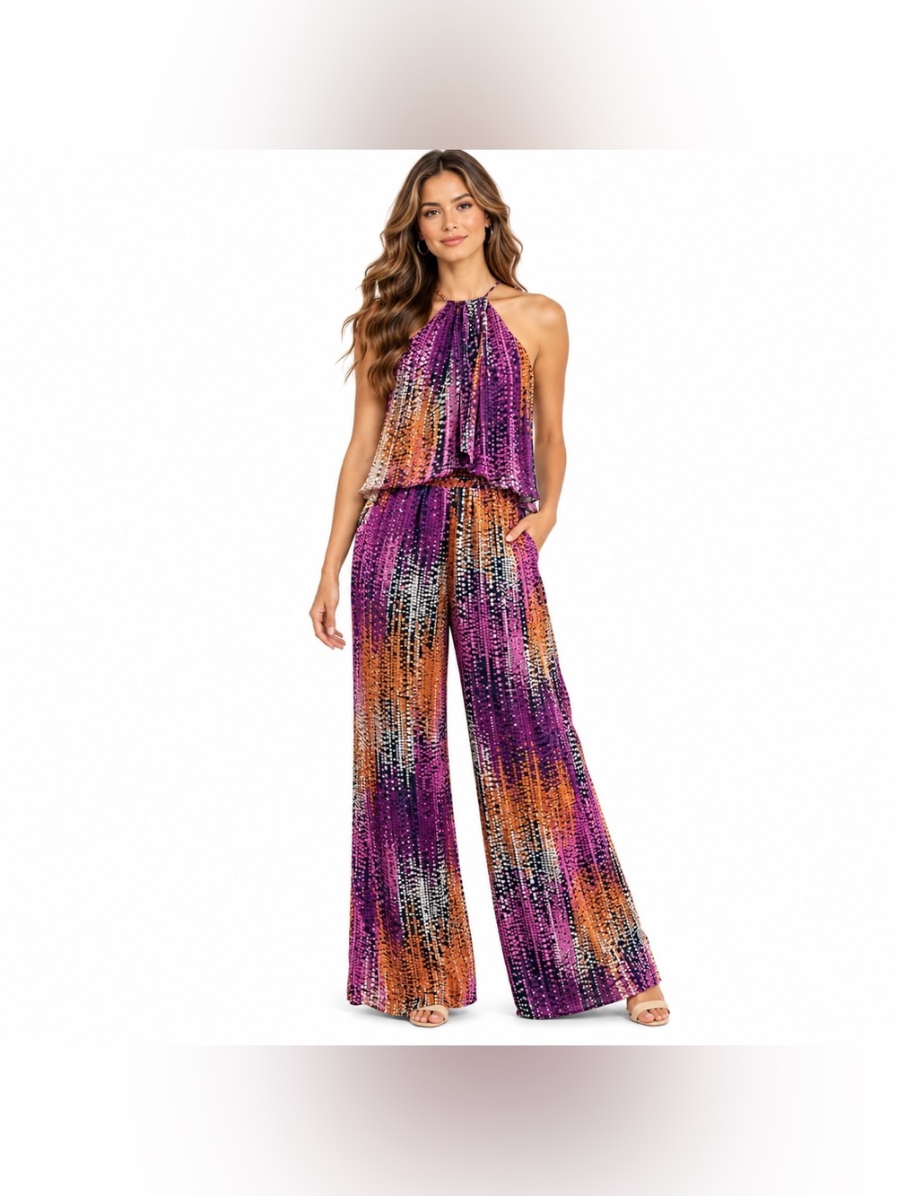 Ramy Brook Leora Purple & Orange Halter Wide-Leg Romper Jumpsuit